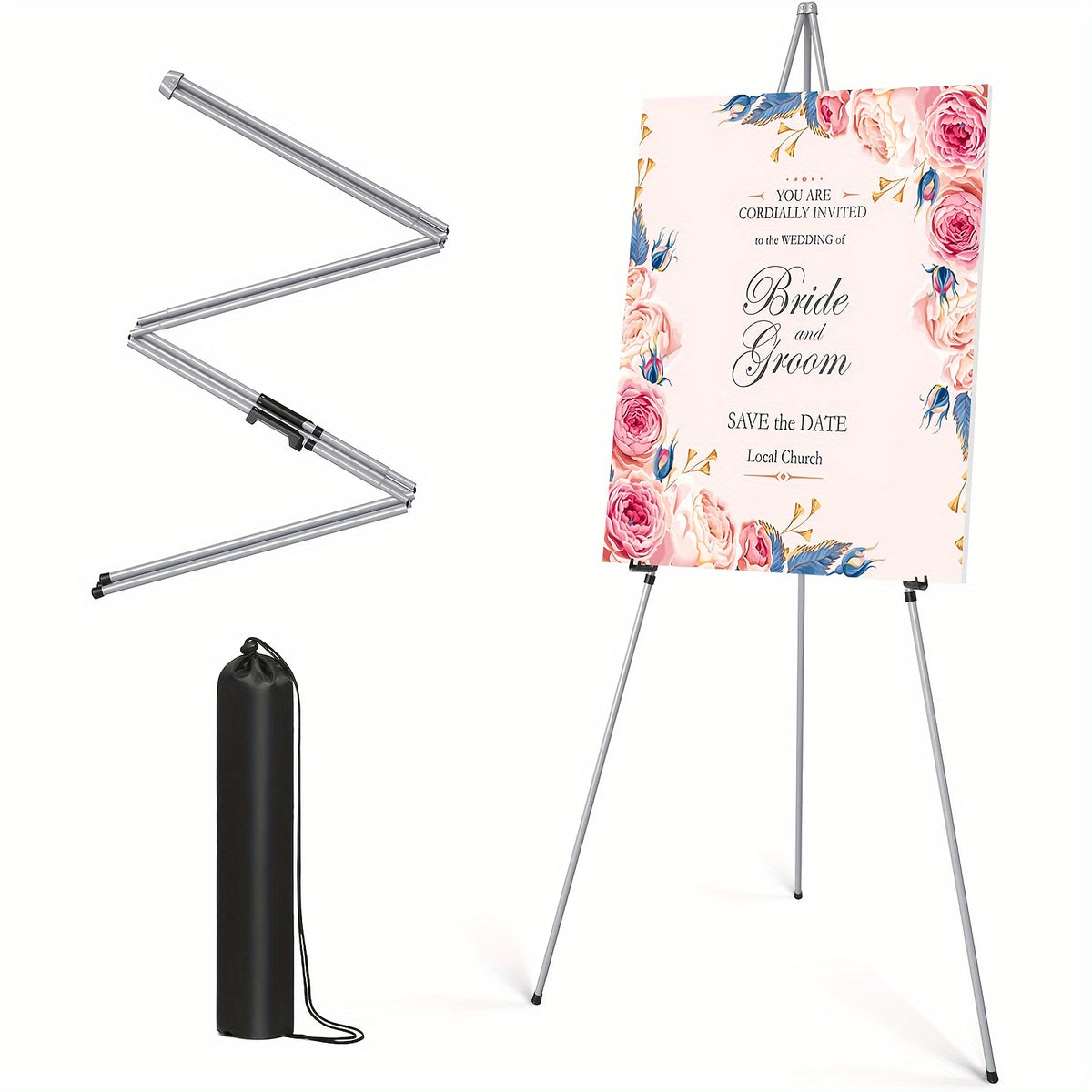 Display Easel Stand for Wedding Signs, Posters and Presentations, Folding Metal Tripod with 63-Inch Maximum Height, Adjustable Clips and Multi-Pack Options