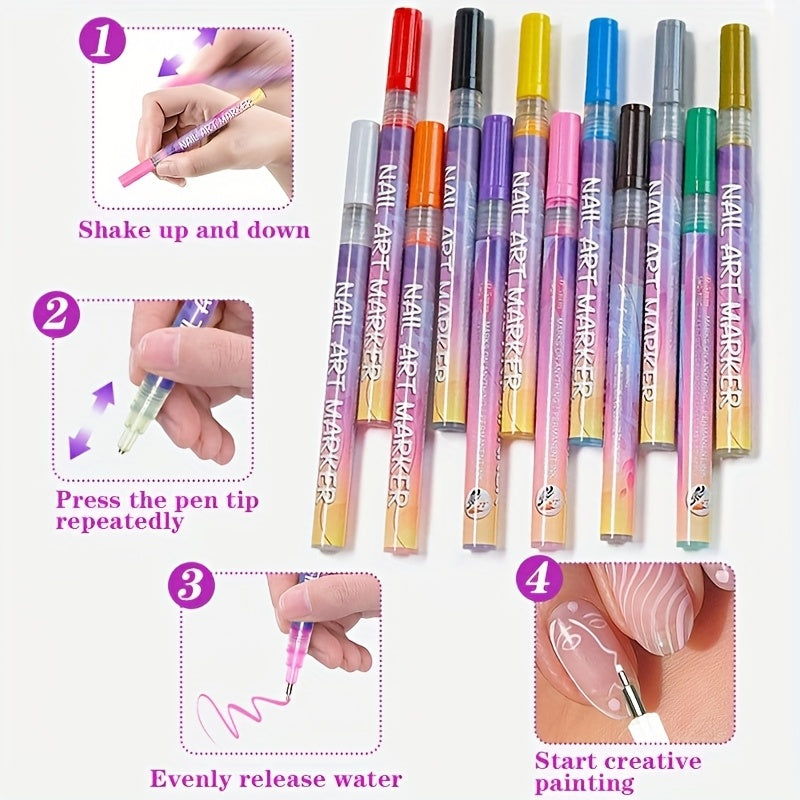 12-Color Nail Doodle Pen Set with Nail Art Practice Card, Quick-Drying Manicure Markers for Decorative Dots, Lines and Freehand Designs at Home or Salon