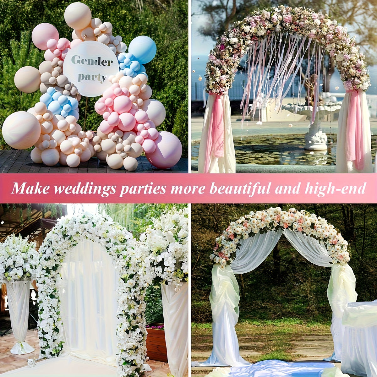 Garden Arbor Arch for Climbing Plants, Metal Wedding Trellis with Two Assembly Size Configurations, White or Black with Base and Black without Base Options