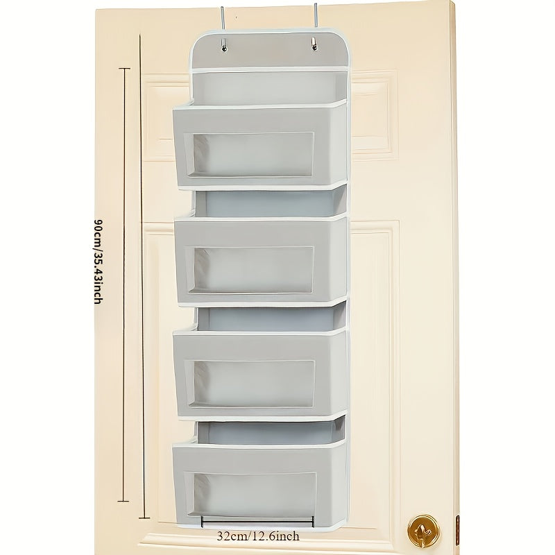 Four-Tier Fabric Door Organizer in Grey, Over-the-Door Pocket Storage for Bedroom Essentials, Bathroom Items and Closet Organization