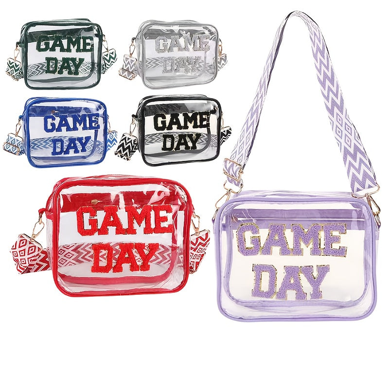 Transparent Square Crossbody Bag with Embroidered Letter Detail, Clear PVC Shoulder Accessory with Zipper Closure and Painted Edges in Grey, Orange or Red for Everyday Outings