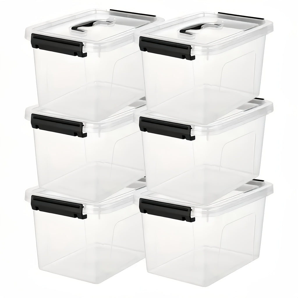 Clear Latching Storage Boxes with Lids, Six-Pack of Listed 6-Quart Stackable Plastic Containers for Bedroom Supplies, Living Room and Household Organization