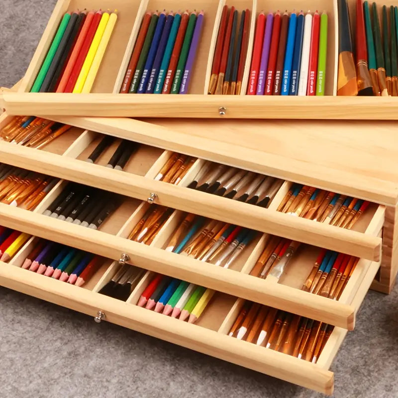 Tiered Wooden Art Supply Organizer with Four or Six Tier Options, Expandable Artist Storage Box for Pencils, Markers, Brushes and Creative Desk Organization