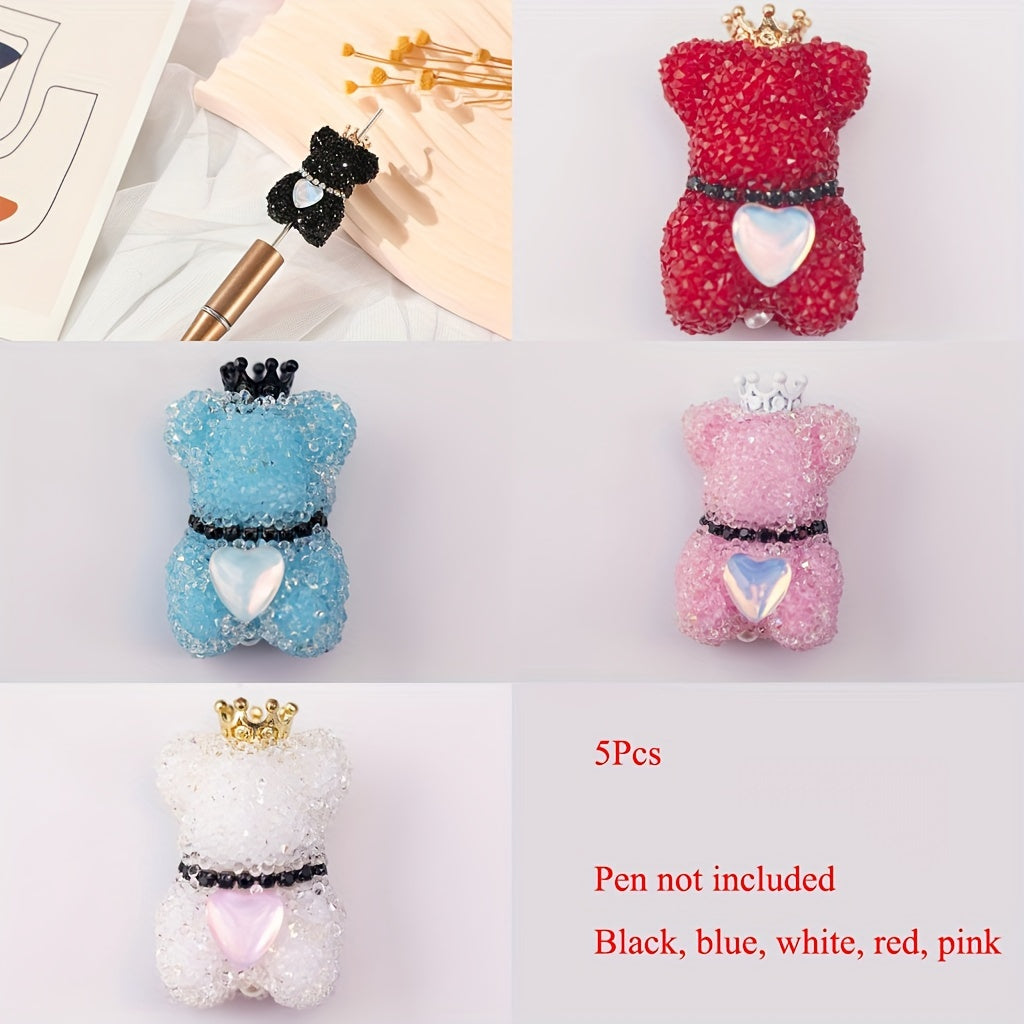 Rhinestone Bear Beads Five-Piece Craft Set with Listed 39mm Size and Crown or Heart Design References for DIY Beaded Pens, Keychains and Jewelry Projects