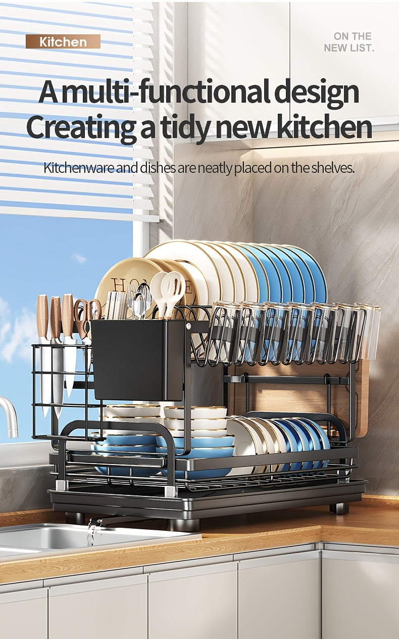 Metal Countertop Dish Rack for Kitchen Tableware Organization, Two-Tier Painted Rack Design with Utensil Holder Reference and Black, Dark Grey or Base Options