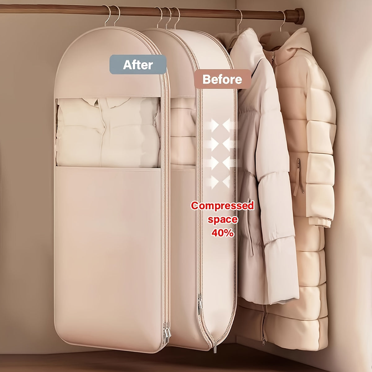 Hanging Compression Garment Storage Bags with Listed See-Through Design and Zipper, Small, Medium or Large Labels in Beige or Pink for Winter Wardrobe Organization