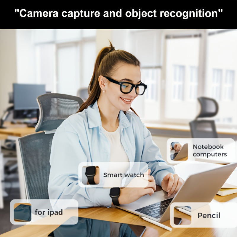 Smart Camera Glasses with Black Sunglasses and Transparent Lens Options, Including 5MP-Labeled Styles, Listed Wireless Video, Audio and AI Voice Features