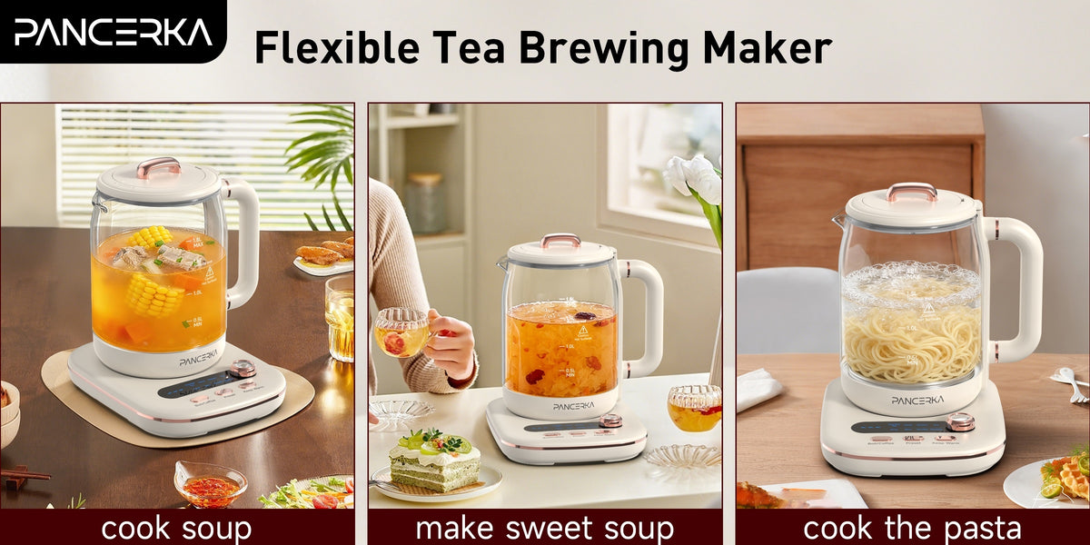 Electric Glass Tea Maker by PANCERKA, 1.8L Multifunction Kettle with Infuser and Detachable Filter in Beige for Home Tea Brewing & Kitchen Use
