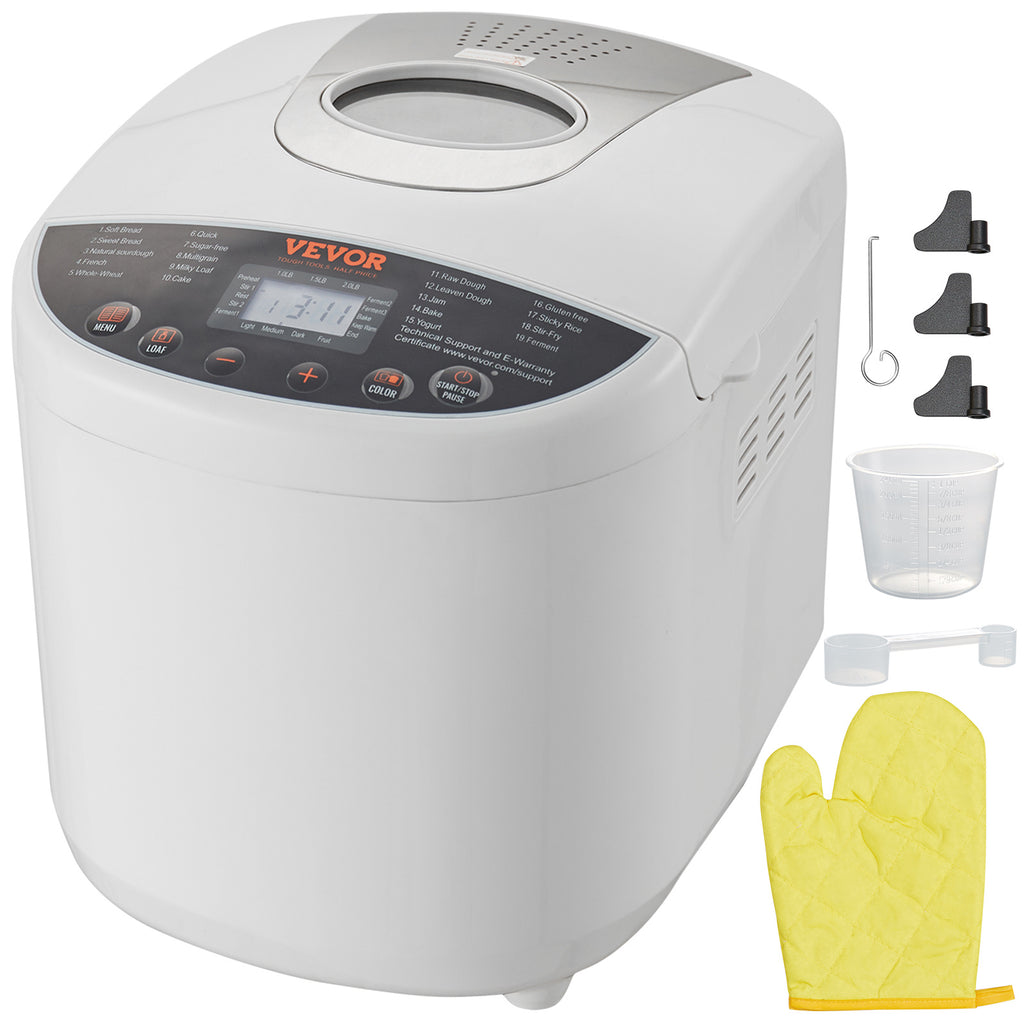19-Program Bread Maker by VEVOR, White Automatic Bread Machine with 1, 1.5 and 2lb Loaf Sizes, Three Crust Settings, Ceramic Pan and 15-Hour Delay Start