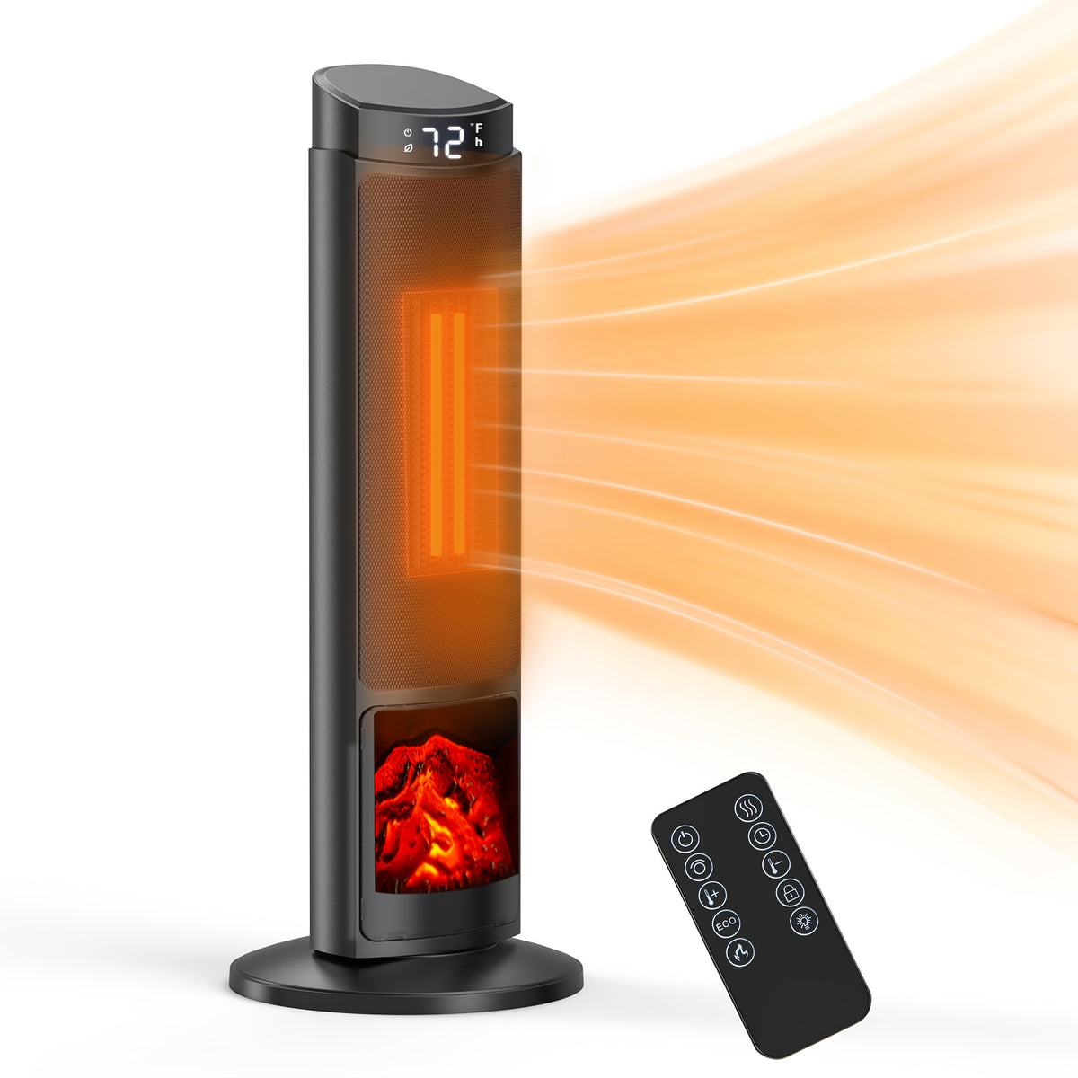 Tower Ceramic Space Heater with Listed 1500W Power, Remote Control, Thermostat, Four Modes and 12-Hour Timer in Round or Square Styles for Supplemental Indoor Warmth
