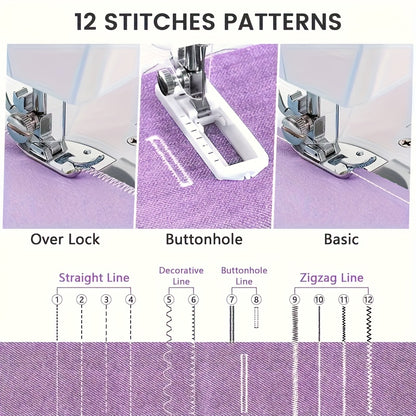 Extension Table Mini Sewing Machine with 12 Stitches and LED Work Light, Portable Electric Design for Beginner Sewing Practice, Crafts and Small Fabric Projects