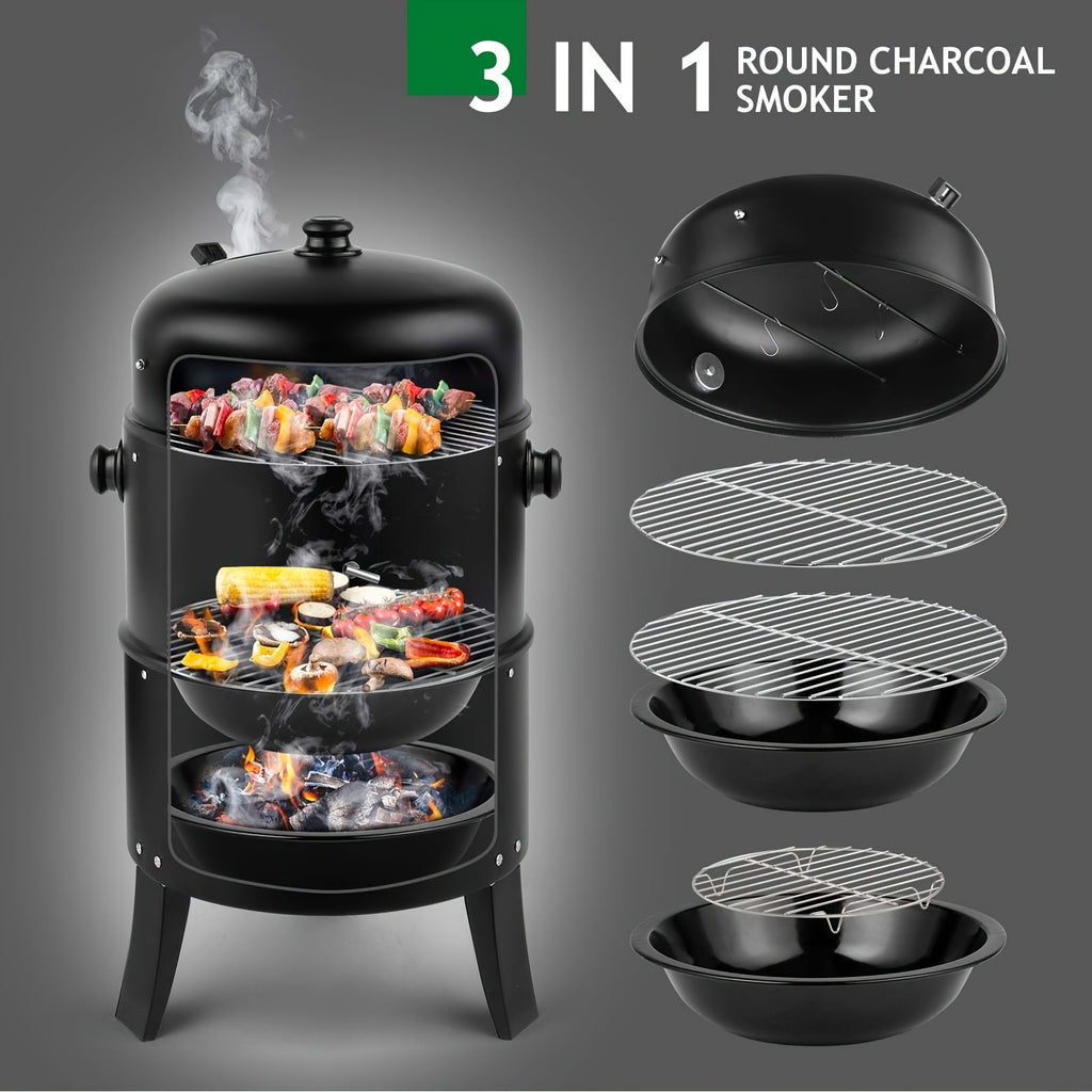 Portable Charcoal Smoker Grill with 3-in-1 Outdoor Cooking Design, Lid Thermometer, Adjustable Height and Top Air Vent, Black Standard or Upgrade Selection