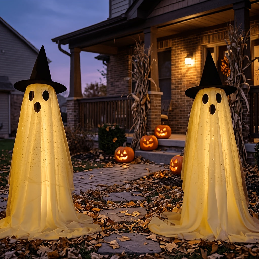 Witch Hat Ghost Decorations, Two-Piece Lighted Halloween Display Set with String Lights in White Ghost or Warm Color Options for Seasonal Home and Party Decor
