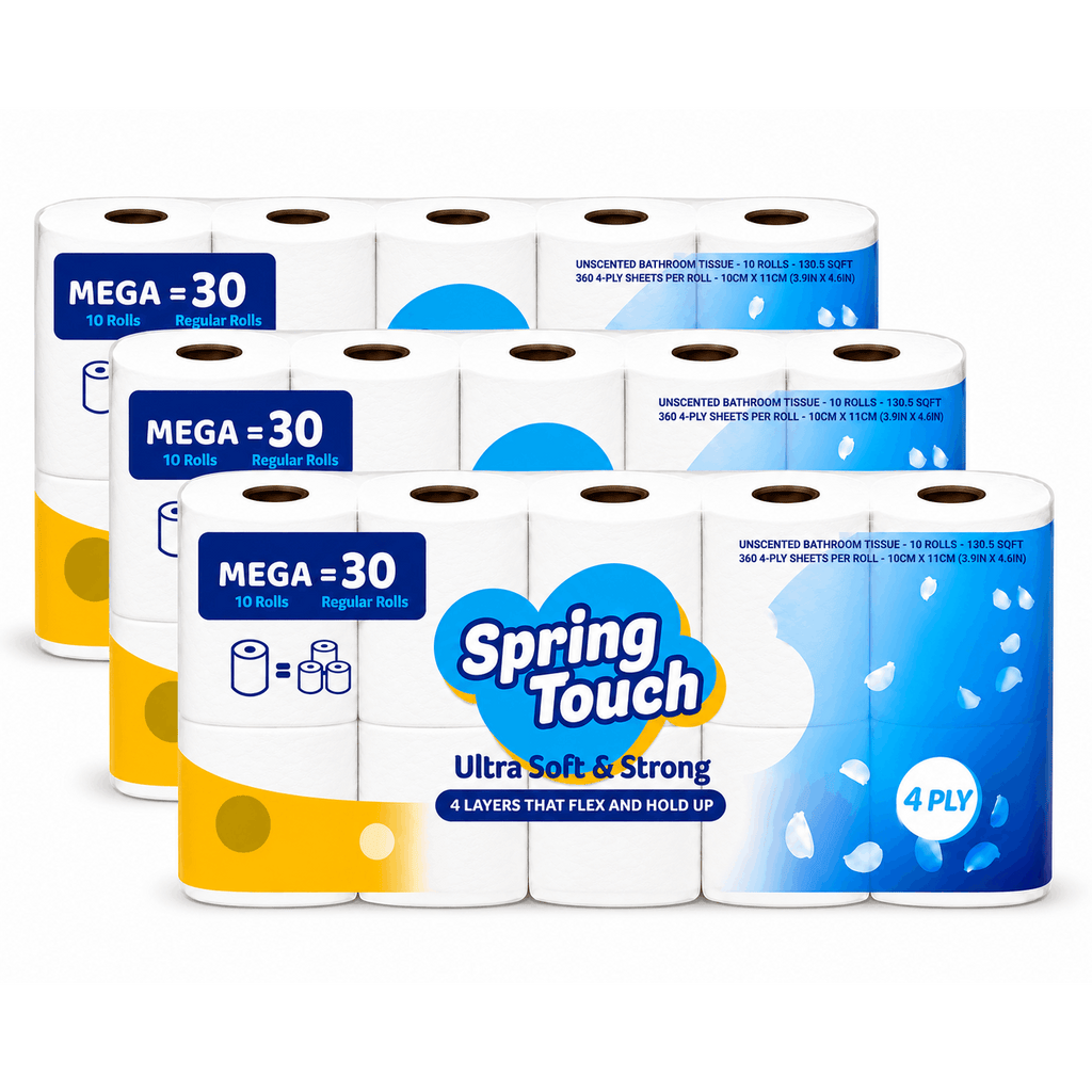 4-Ply Toilet Paper by Spring Touch, Individually Wrapped Unscented Bathroom Tissue Made with 100% Virgin Wood Pulp in 10, 20, 30 or 60 Roll Packs