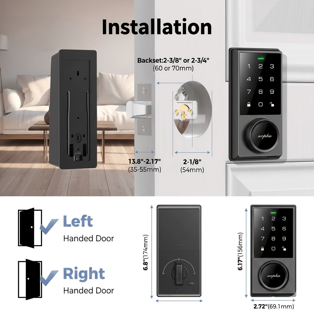 Touchscreen Smart Deadbolt Lock by ARPHA in Black with Digital Keypad, WiFi App Control, Auto-Lock and Anti-Peeping Password Features for Compatible Doors