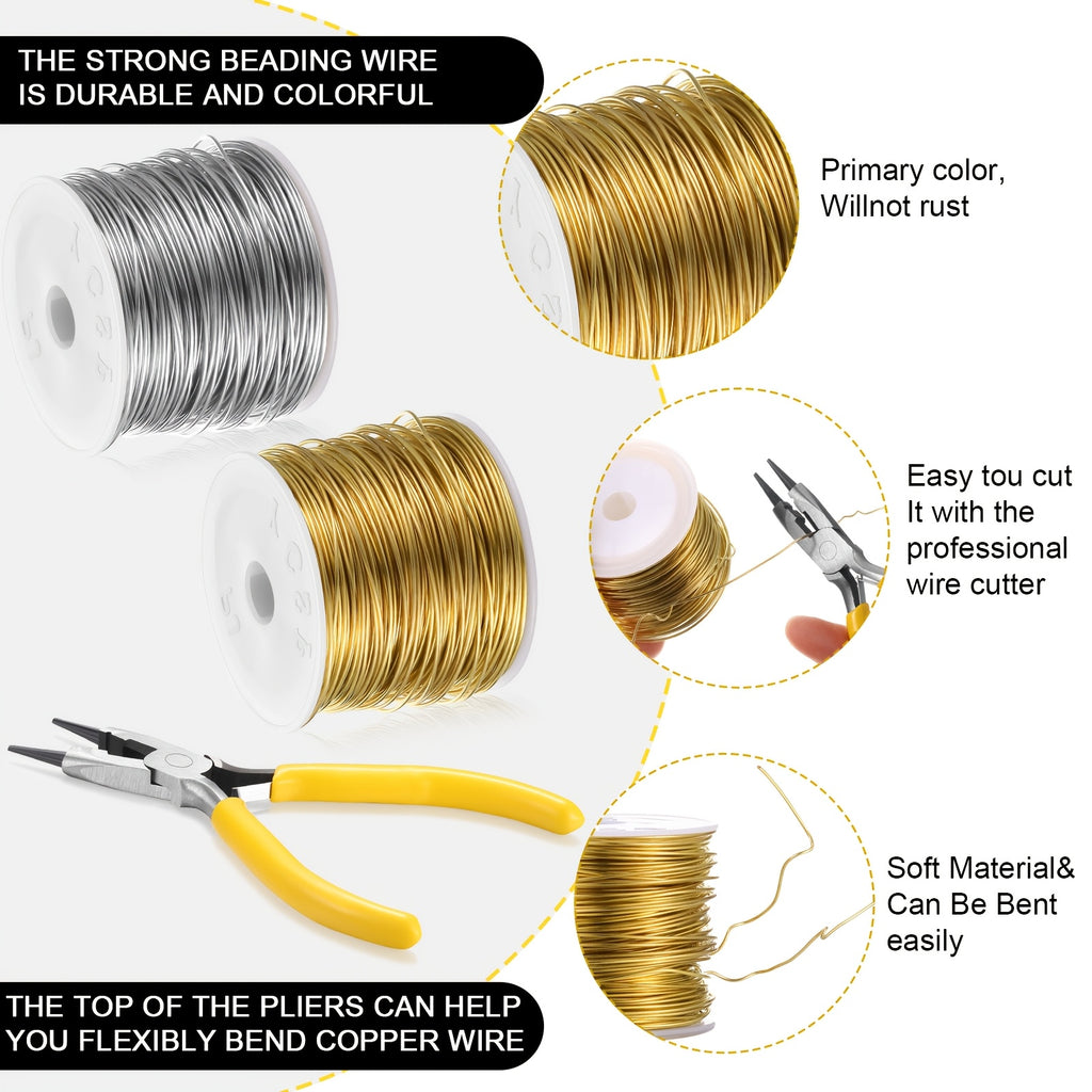 20 Gauge Jewelry Making Wire with Pliers, Two Gold-Tone and Silver-Tone Rolls for Decorative Beading, Wire Wrapping and Personalized Handmade Craft Projects