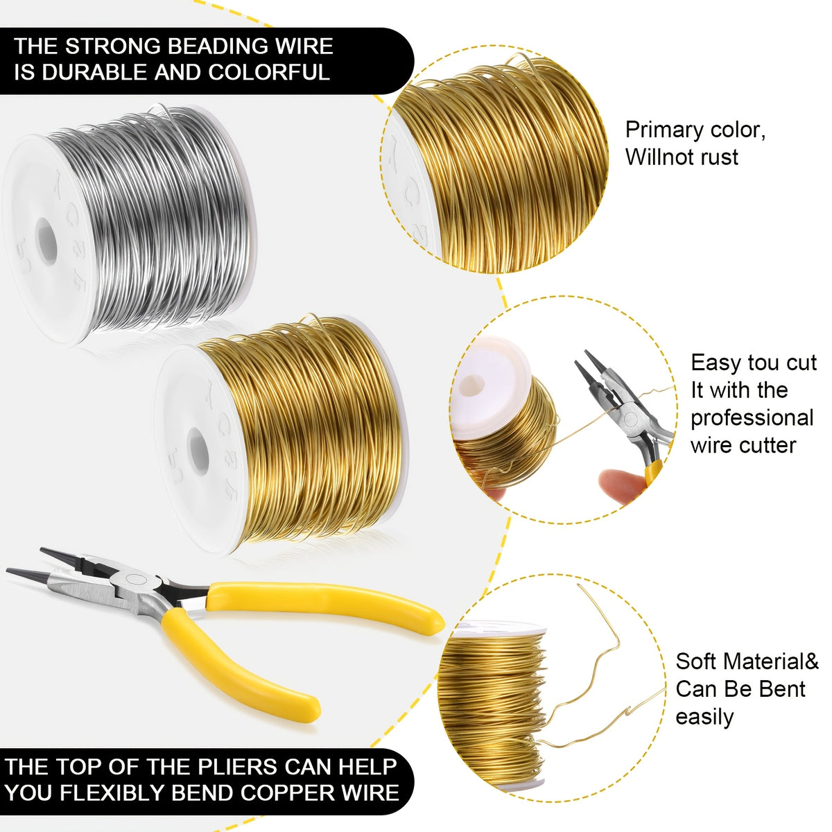 20 Gauge Jewelry Making Wire with Pliers, Two Gold-Tone and Silver-Tone Rolls for Decorative Beading, Wire Wrapping and Personalized Handmade Craft Projects