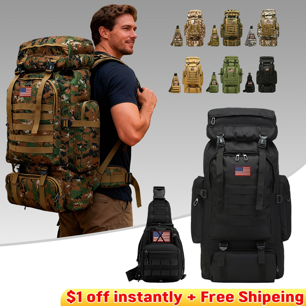 MOLLE Tactical Hiking Backpack with Multiple Compartments, Listed Two-Piece Set for Outdoor Gear Organization, Camping, Trekking and Adventure Travel