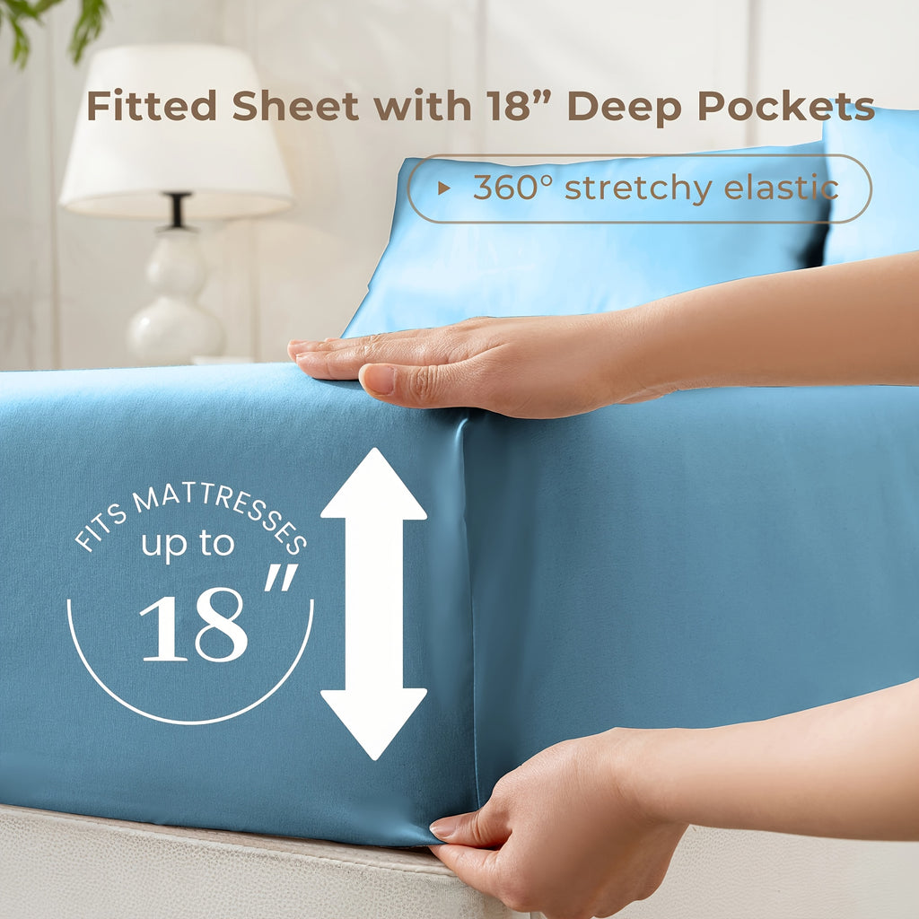 Flat and Fitted Sheet Set with Two Pillowcases, Four-Piece Bedding with Listed Extra Deep Pockets and Six Size Labels Including Twin XL for Home Bedrooms