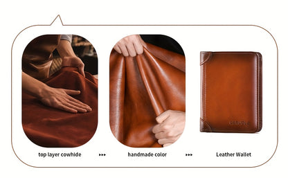 RFID Blocking Leather Wallet for Men with Listed Two ID Windows and Vintage Short Design, Yellow Brown, Grey Blue and Black Bifold Style Options