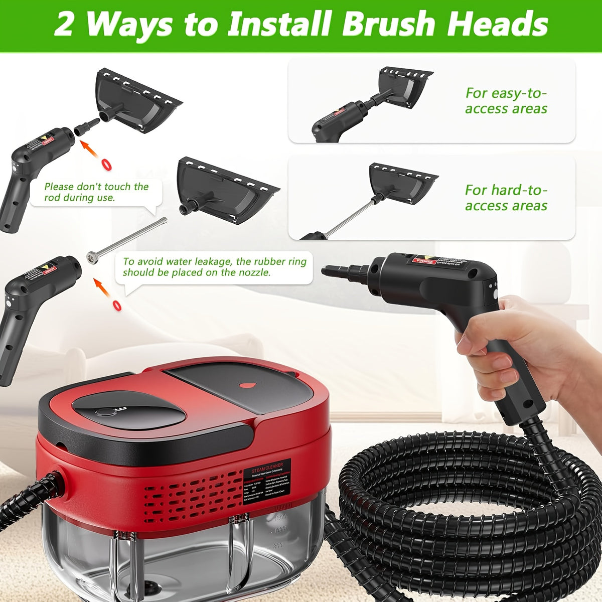 Handheld Steam Cleaner with Listed 1500W Power and 54.1oz Water Tank, Three-Level Handle Control Wording and Red, White or Green Options for Compatible Home Surfaces
