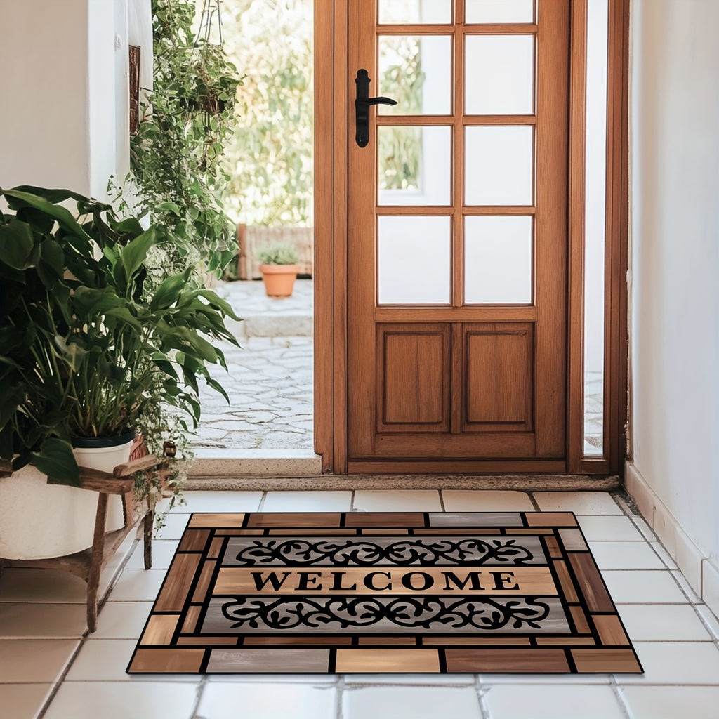 Wood-Pattern Welcome Doormat for Indoor Entryways, Decorative Entrance Floor Mat with Listed Non-Slip Design for Hallways and Home Styling