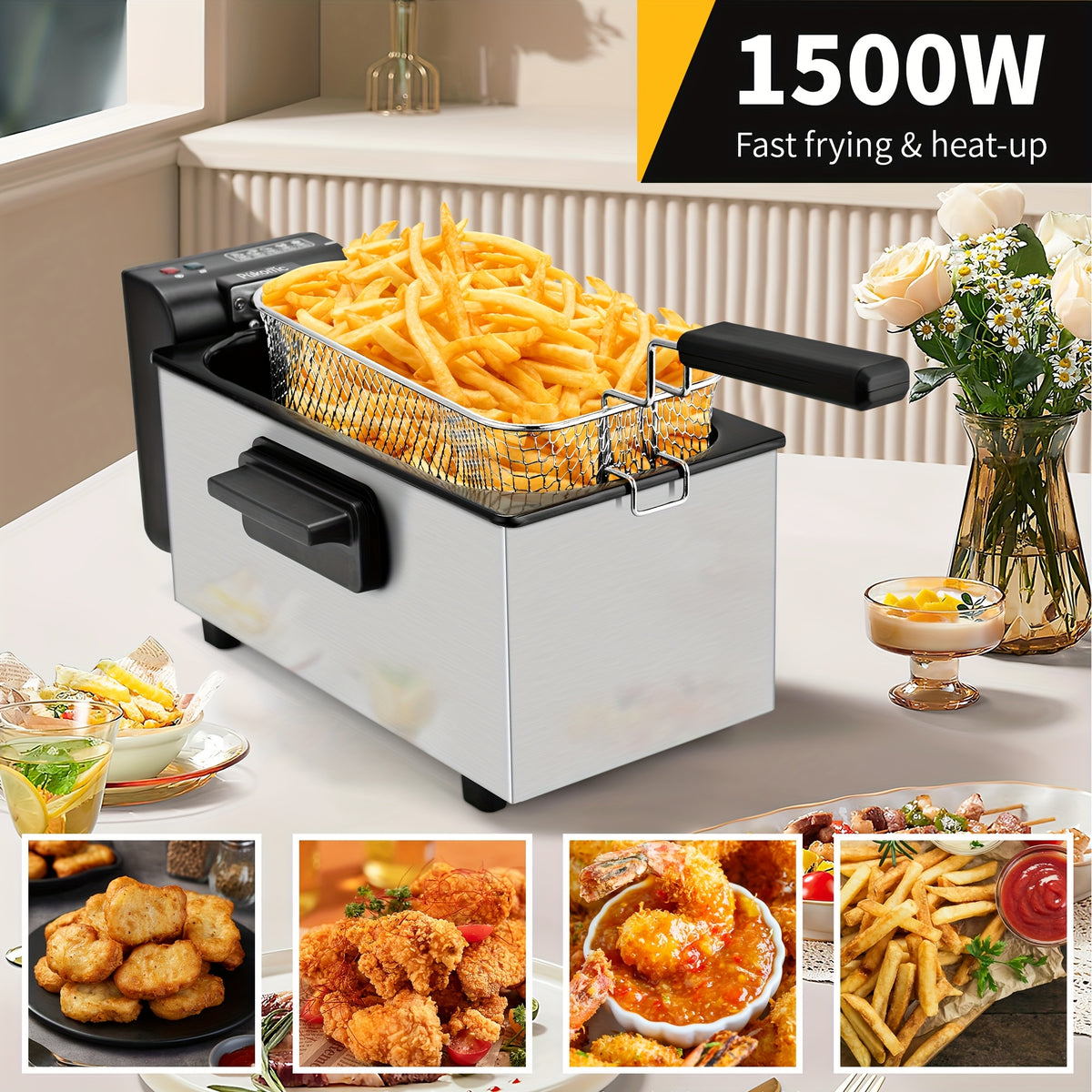 Basket-Equipped Countertop Deep Fryer by SUSTEAS with Adjustable Temperature and Nonstick Lining, 1.5L, 2.5L, 3L, 5L or 6L Options for Home Cooking