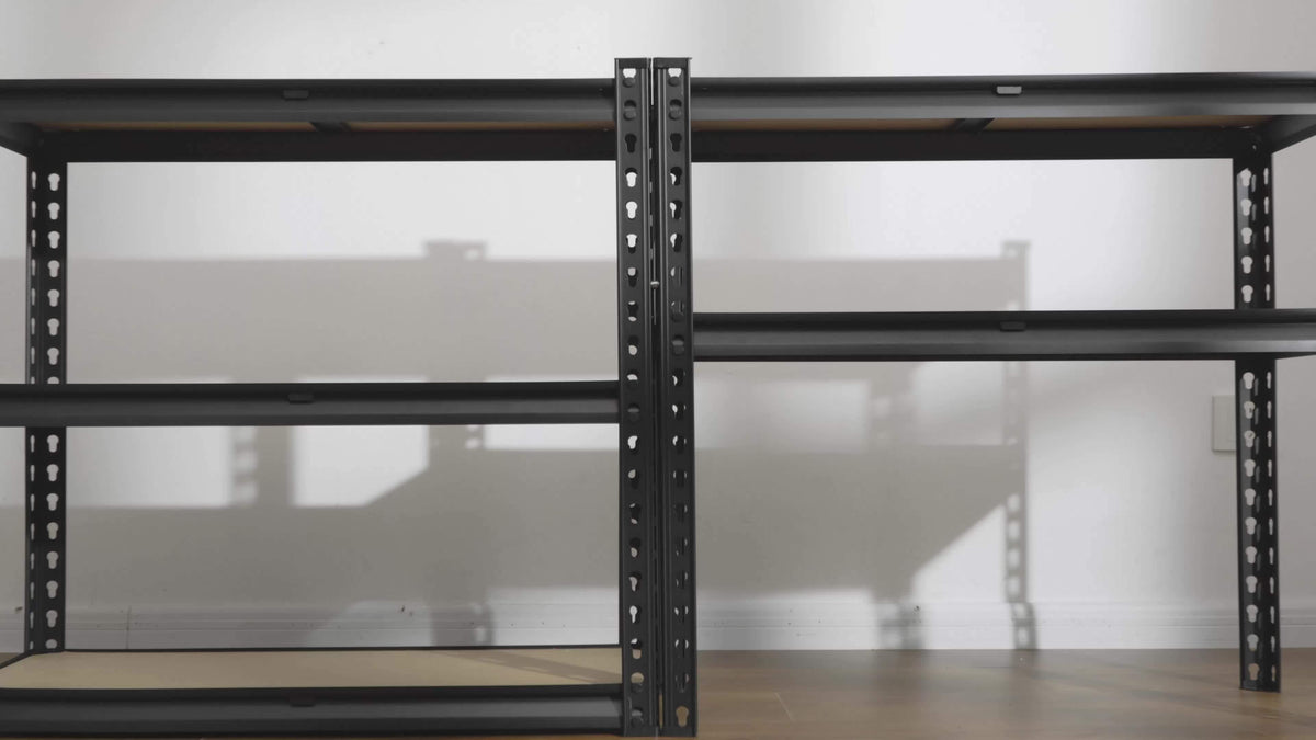 Adjustable Storage Shelving by REIBII with Five Wood-Board Tiers and Black Metal Frame, Garage and Pantry Organizer with Height and Two-Piece Pack Options