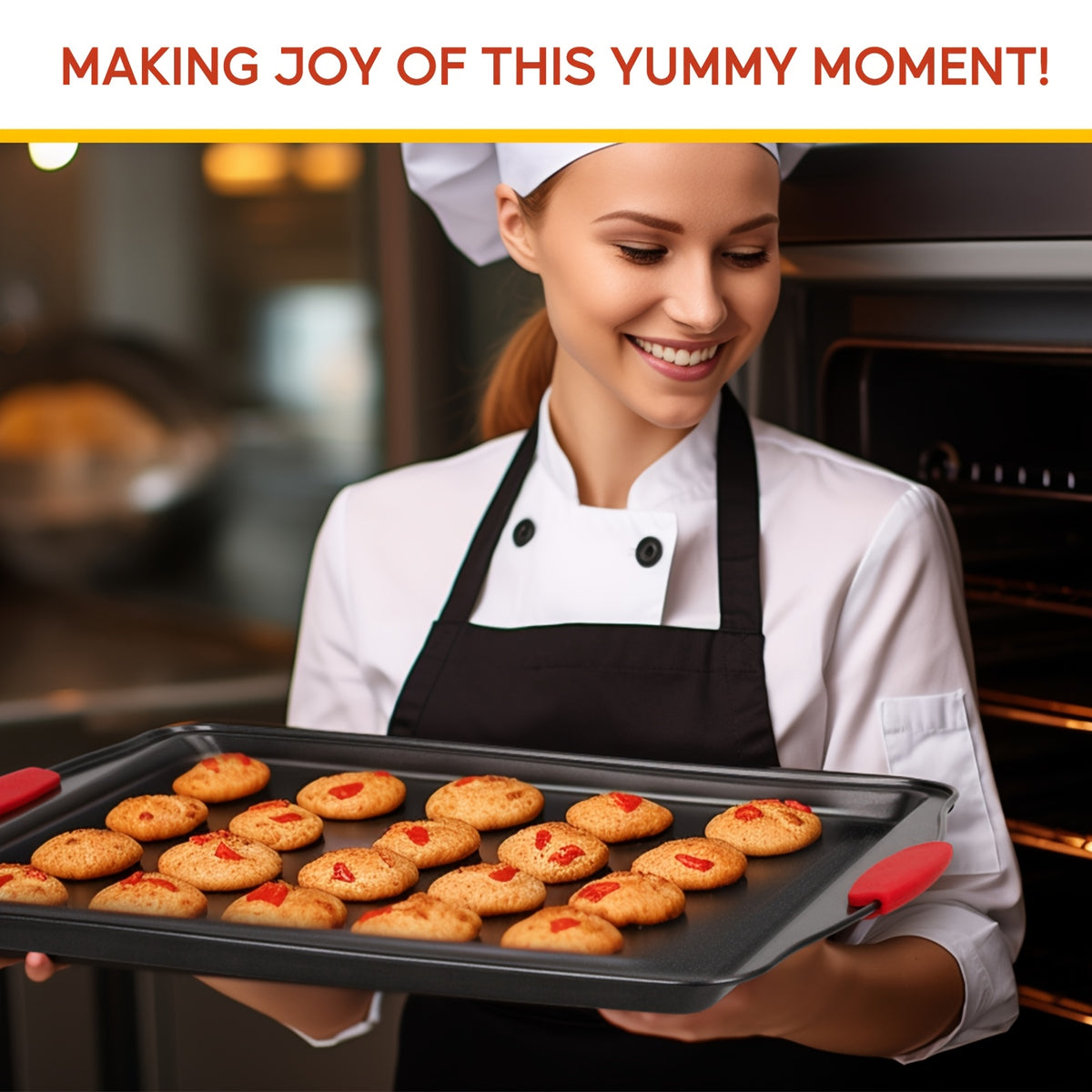 Baking Pan Set with Red Silicone Handles, 3-Piece Gray Carbon Steel Oven Bakeware with Listed Interior and Exterior Nonstick Finish for Home Baking