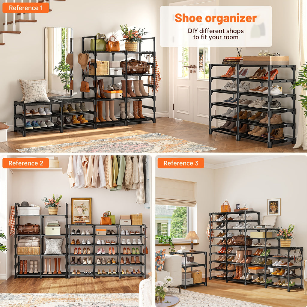 Four-Column Shoe Rack in Black with Six- or Nine-Tier Model Options, Listed Metal Construction and Customizable Layout for Entryway, Bedroom and Closet Footwear Storage