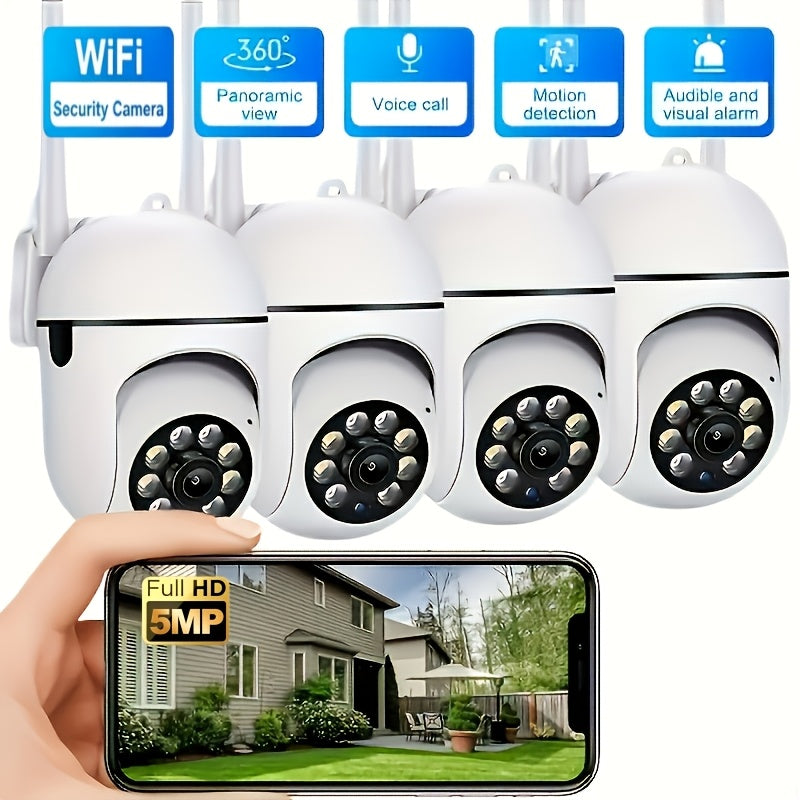5MP WiFi Security Camera 4-Pack by PHANSATIM with USB Cables, 2.4GHz PTZ Motion Tracking, Color Night Vision, Spotlight, Siren and Two-Way Audio
