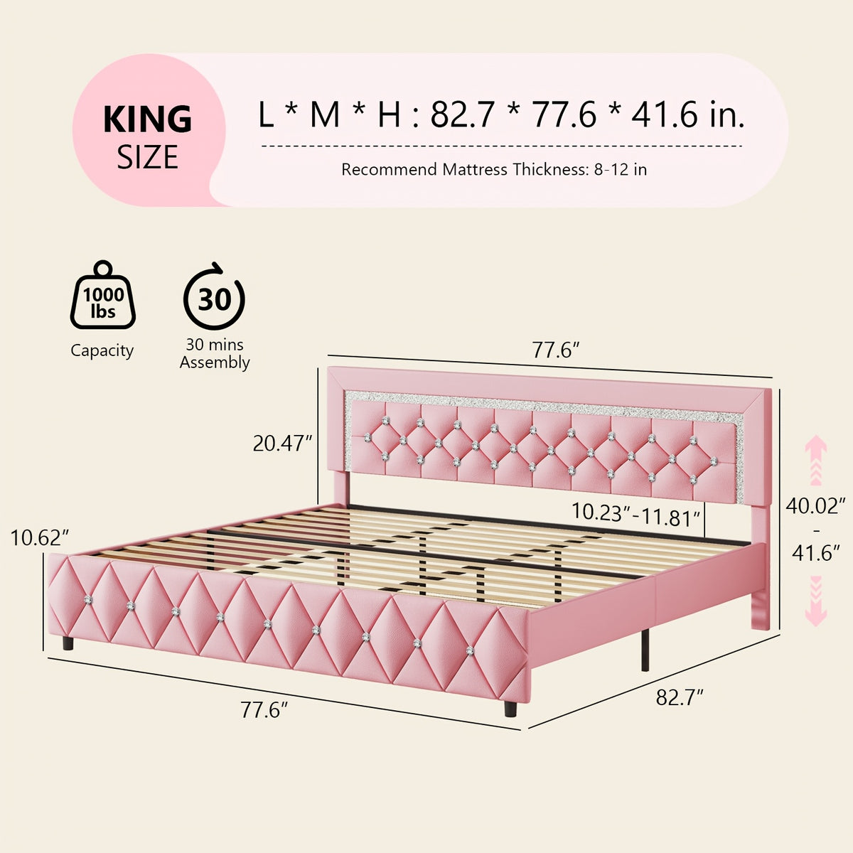 Diamond Design Platform Bed Frame by HOMBCK with Adjustable Headboard and Wooden Slat Support, No Box Spring Needed, Twin to King in Five Colors