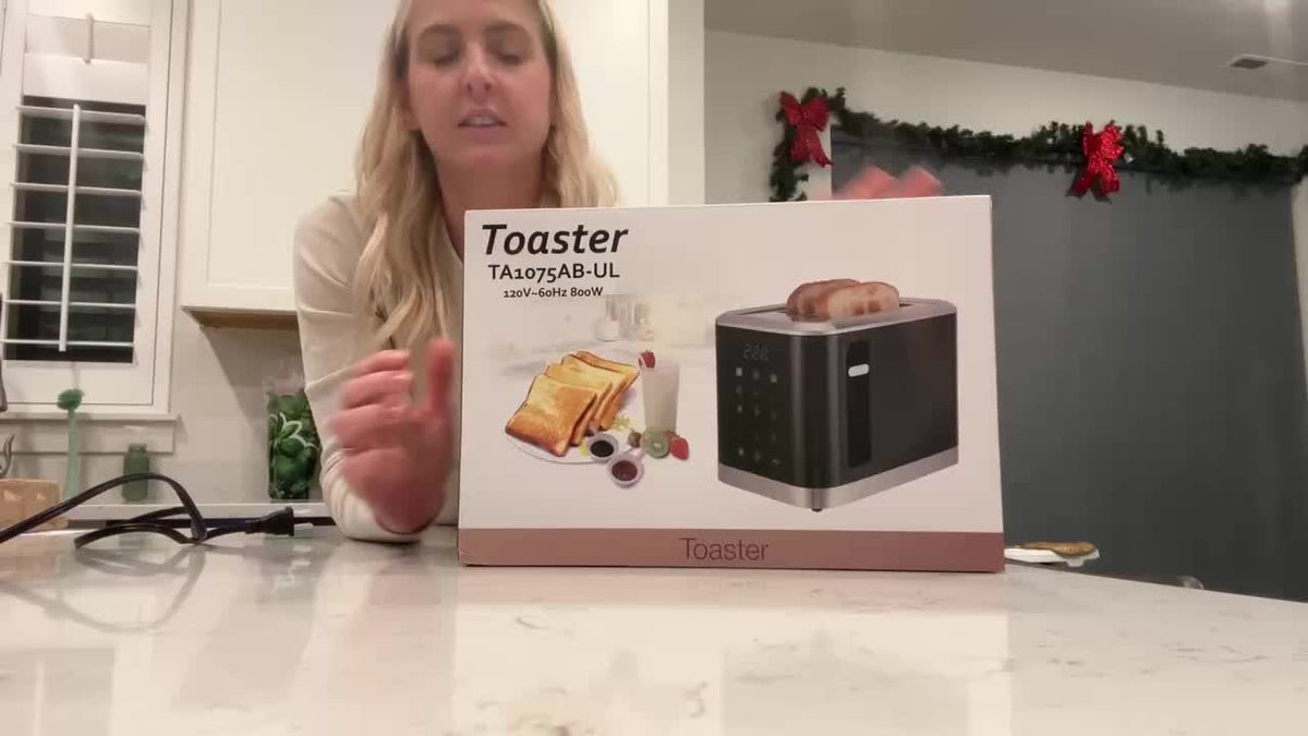 Black Touchscreen Two-Slice Toaster with Listed 1.5-Inch Wide Slots, Cancel and Defrost Functions for Compatible Bread and Bagels, Adjustable Toast Setting Wording