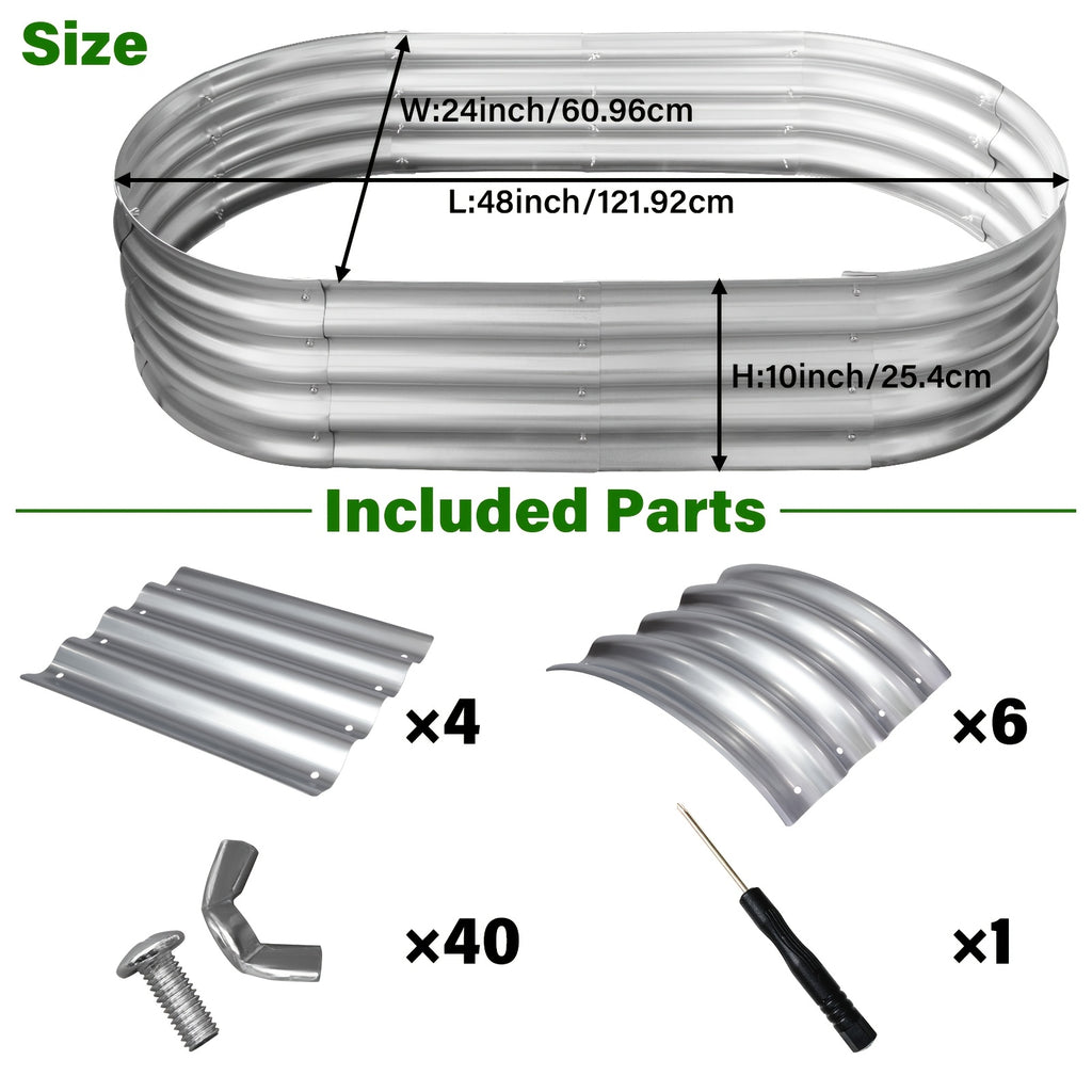 Metal Raised Garden Bed Kits with Galvanized Oval Planter Wording, Listed 4x2x1ft and 8x4x1ft Multipack Options plus Single-Bed Label for Outdoor Garden Planning