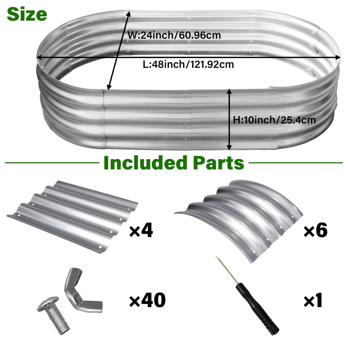Metal Raised Garden Bed Kits with Galvanized Oval Planter Wording, Listed 4x2x1ft and 8x4x1ft Multipack Options plus Single-Bed Label for Outdoor Garden Planning