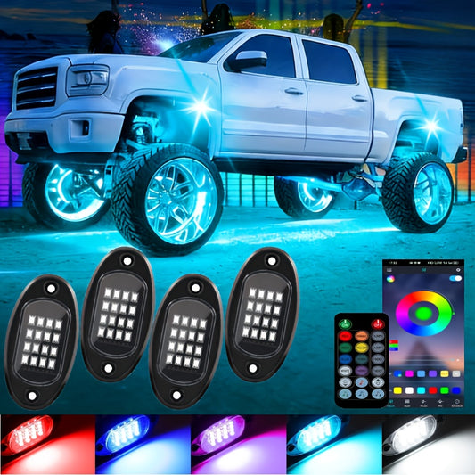 RGB Rock Light Kit with 16 Listed LEDs, 4-in-1 Car Tire Ambient Lighting with Dimmable Colors, Multiple Modes and App Control for Compatible Vehicle Setups