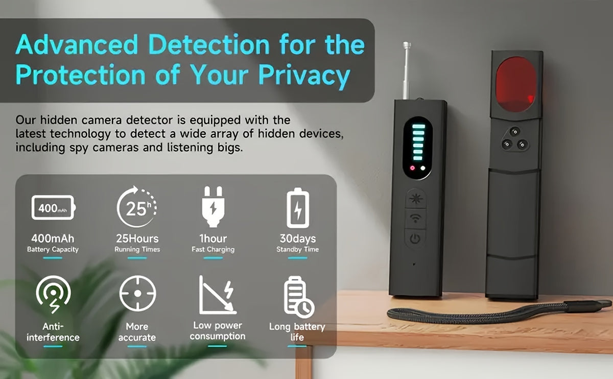 Hidden Camera Detector and RF Signal Scanner, Portable Rechargeable Anti-Spy Bug Finder for Hotel Travel, Home, Office and Car Checks