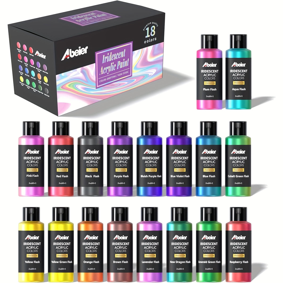 Color-Shifting Acrylic Paint Set by Abeier, 18 Iridescent Colors in 2oz Bottles for Canvas, Wood and Rock Painting, DIY Art and Craft Projects