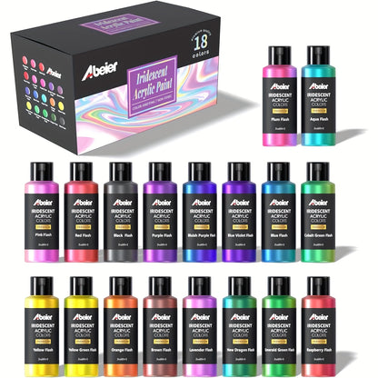 Iridescent Acrylic Paint Set by Abeier with 18 Color-Shifting Colors in 2oz Bottles for Canvas Details, Wood Decorations, Rock Painting and DIY Crafts