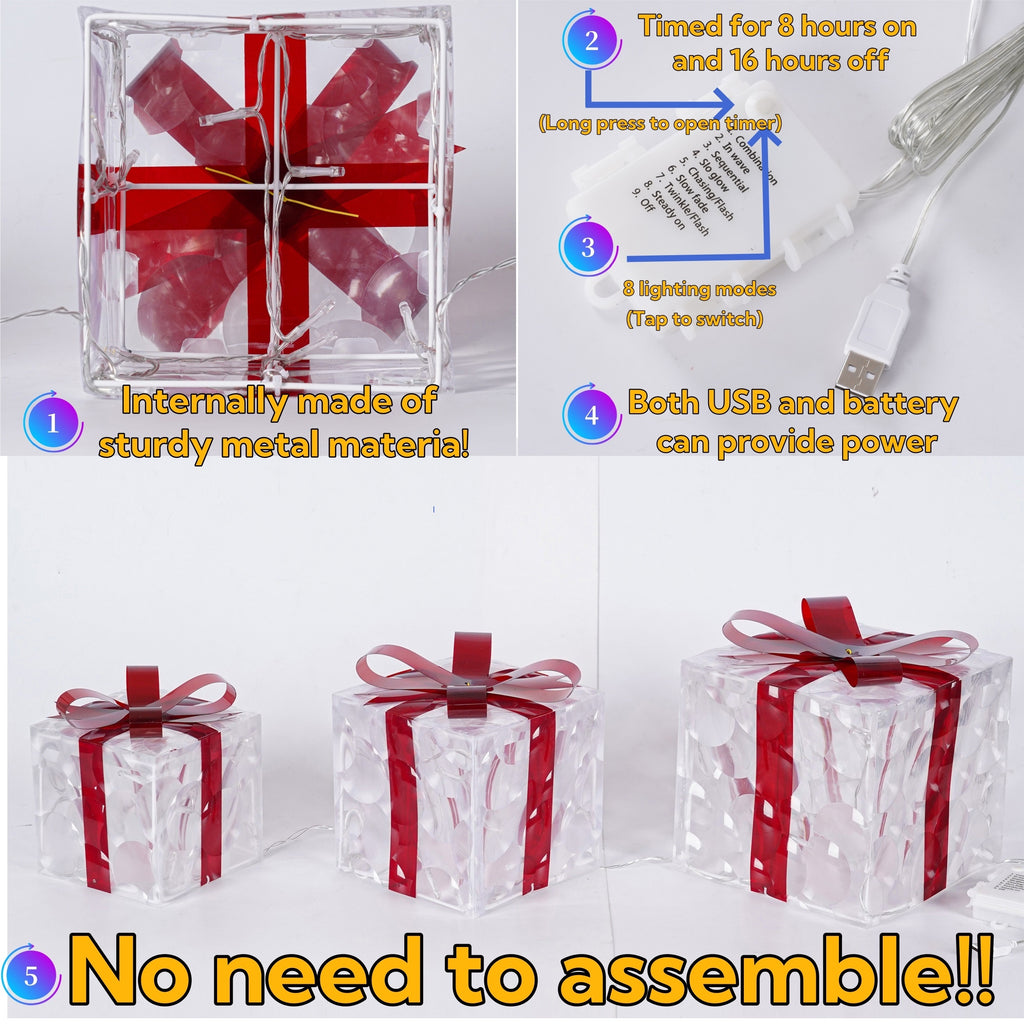 Lighted Christmas Present Boxes, Classic Set of 3 Warm White Decorative Gift Boxes with 60 Listed LEDs, Red Bows, USB or Battery Power and Daily Timer