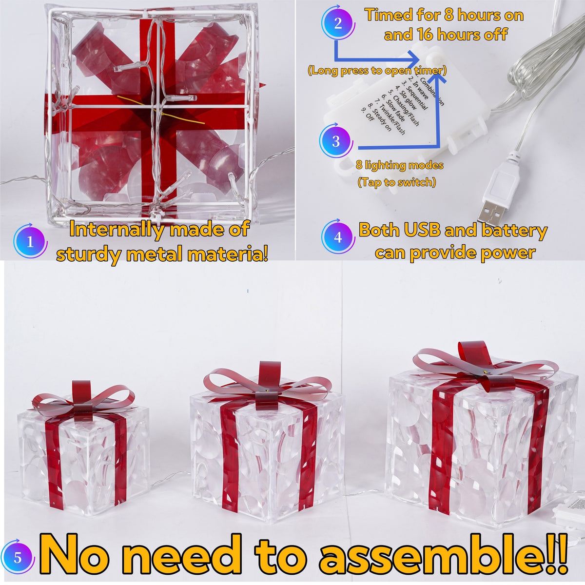 Lighted Christmas Present Boxes, Classic Set of 3 Warm White Decorative Gift Boxes with 60 Listed LEDs, Red Bows, USB or Battery Power and Daily Timer
