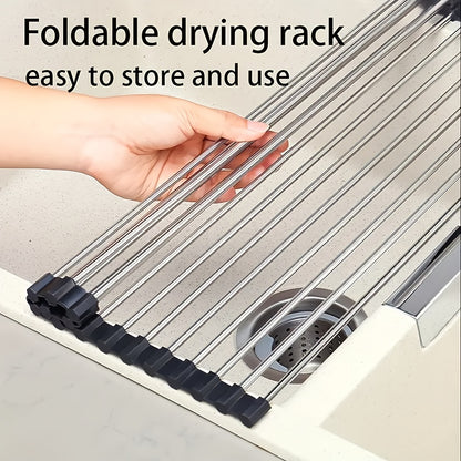 Roll-Up Dish Drying Rack, Stainless Steel Over-the-Sink Draining Mat in Black or Gray, Single-Piece Rollable Kitchen Rack for Tableware and Fruit