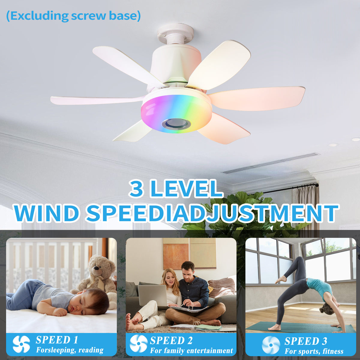 RGB Speaker Ceiling Fan Light with E26/E27 Socket Base, Remote Control, 3 Fan Speeds, Dimmable 3000K–6500K White Lighting and Music Rhythm Effects