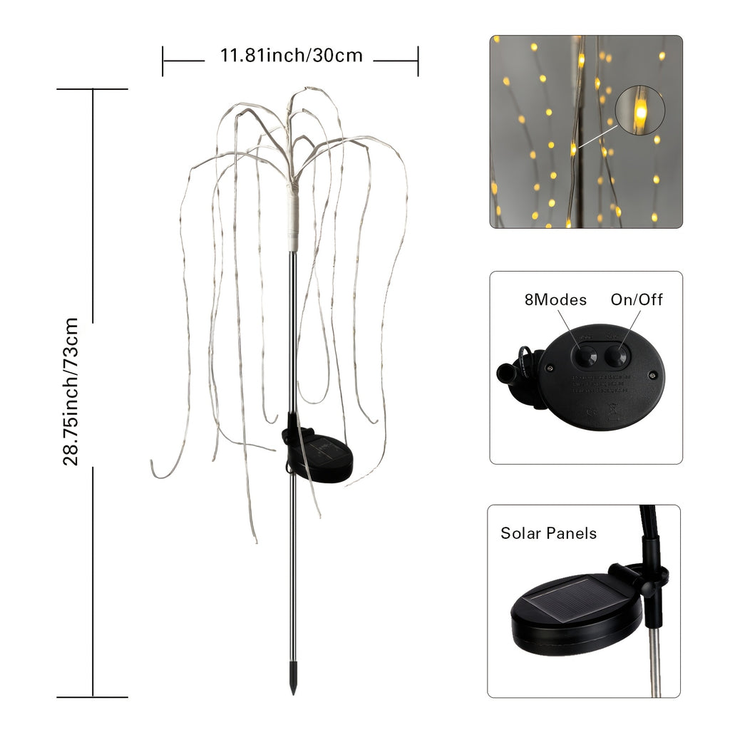 Solar Willow Branch Lights, 2-Piece LED Garden Decor with 100 LEDs and 8 Twinkling Modes for Patios, Courtyards, Pathways, Weddings and Holiday Displays