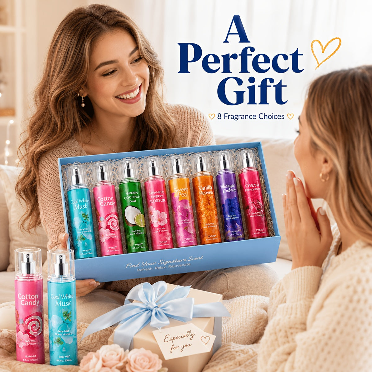 Women's Fragrance Mist for Hair and Body with Cool White Musk, Midnight Embrace and Cotton Candy Labels, Size and Upgraded Options for Daily Wear and Gifts