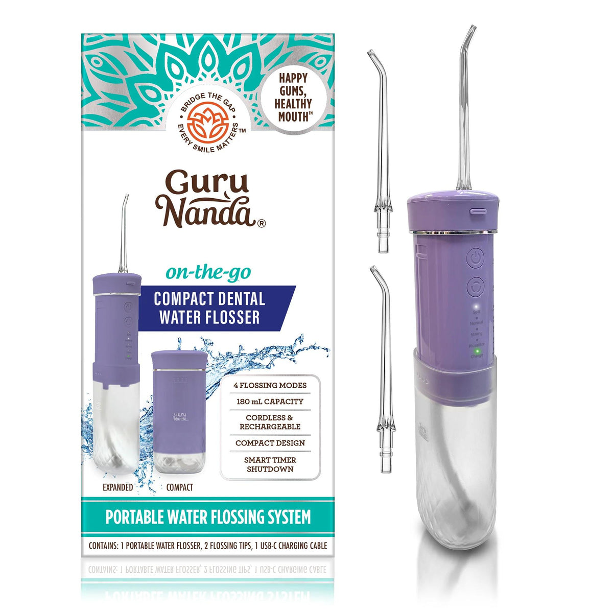 GuruNanda Compact Travel Water Flosser, Portable Cordless Oral Irrigator with Collapsible 180ml Tank, 4 Flossing Modes, 1800 Pulses Per Minute and Smart Timer, TSA-Approved Rechargeable Dental Flosser for Home and Travel, Lavender