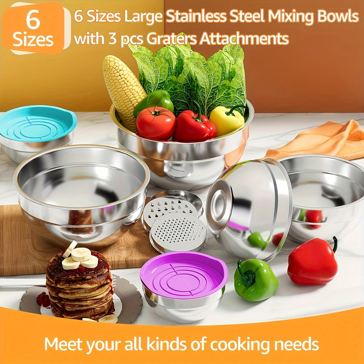 Stainless Steel Mixing Bowl Set with Lids, Listed 26-Piece Kitchen Collection with 7 Bowls and Grating or Slicing Tools for Baking, Salad Prep and Everyday Mixing