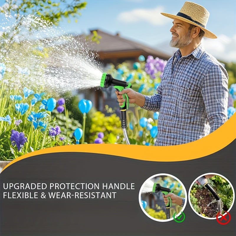 Stainless Steel Garden Hose with 10-Function Nozzle and Brass Joint, Metal Watering Hose in Multiple Length and Upgrade Kit Options for Yard and Car Care