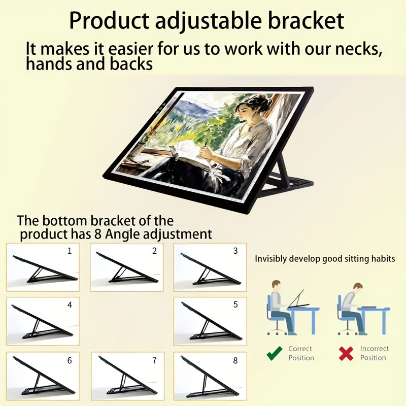 A3 Diamond Painting LED Light Box with Listed Three Color Modes and Eight Dimming Levels, USB Power, Plastic Stand and Four Swan Neck Clip Option Labels