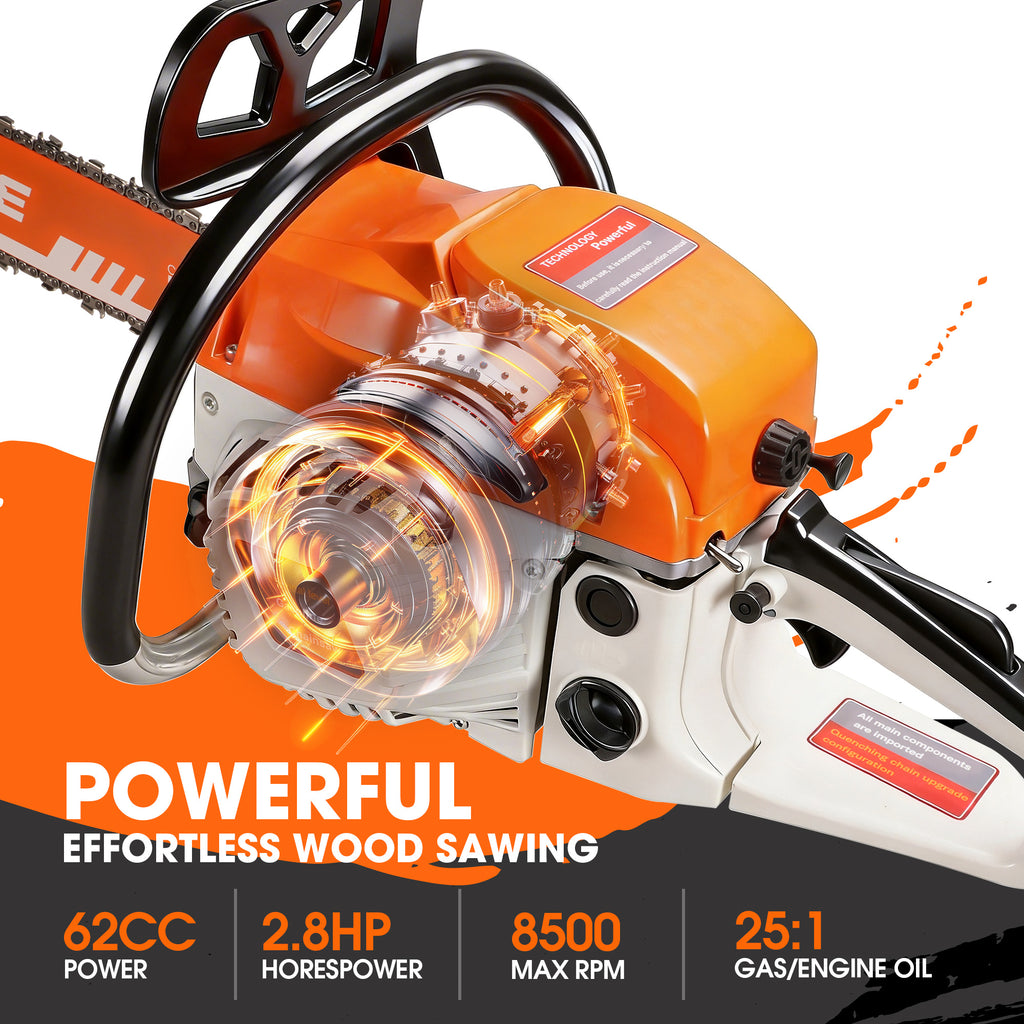 62cc Gasoline Chainsaw with Two-Stroke Engine and Listed Anti-Vibration Handle, Orange Upgraded Option for Trained Adults' Outdoor Wood-Cutting Tasks